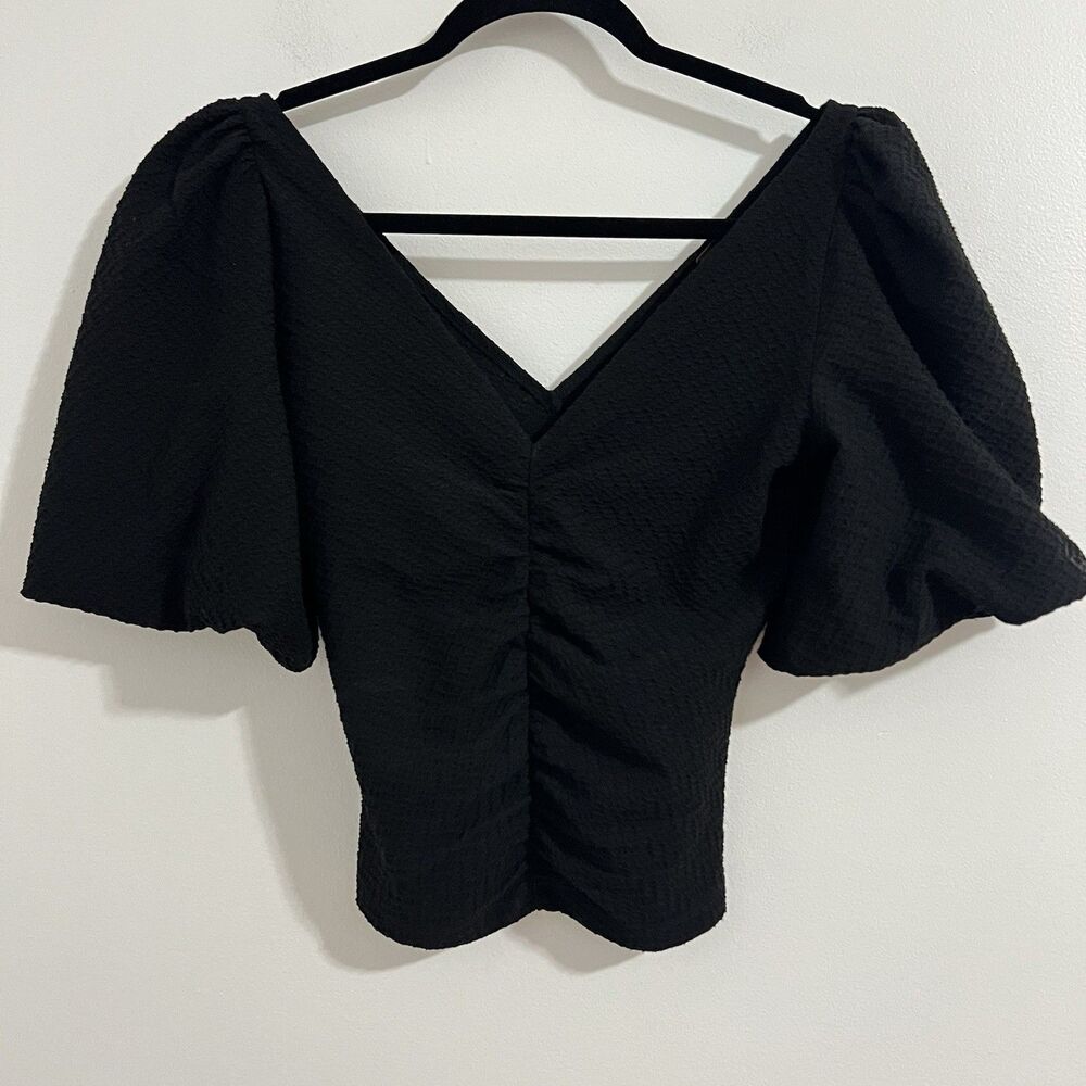 Free People Cupcake Blouse Size XS Black Balloon Sleeve Texture Revolve Top